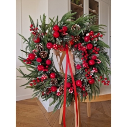 Wieniec zimowy świąteczny na drzwi Boże Narodzenie Czerwień i Zieleń